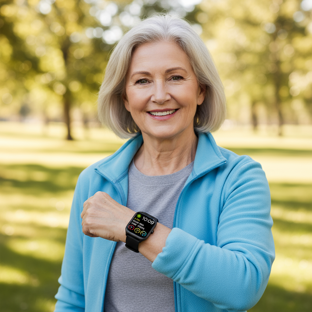 Older woman wearing GPS smartwatch outdoors